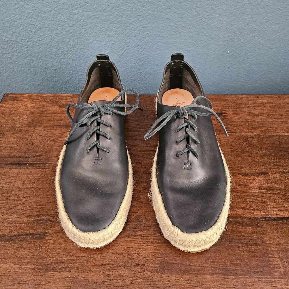 FEIT Womens Handmade Goodyear Espadrille Black Leather Lace Sneakers Sz 40 US 10